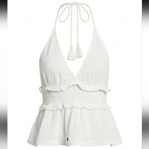 Roxy Halter Crop Top White Smocked Waist Tassel Tie Cotton Gauze Beach Boho S